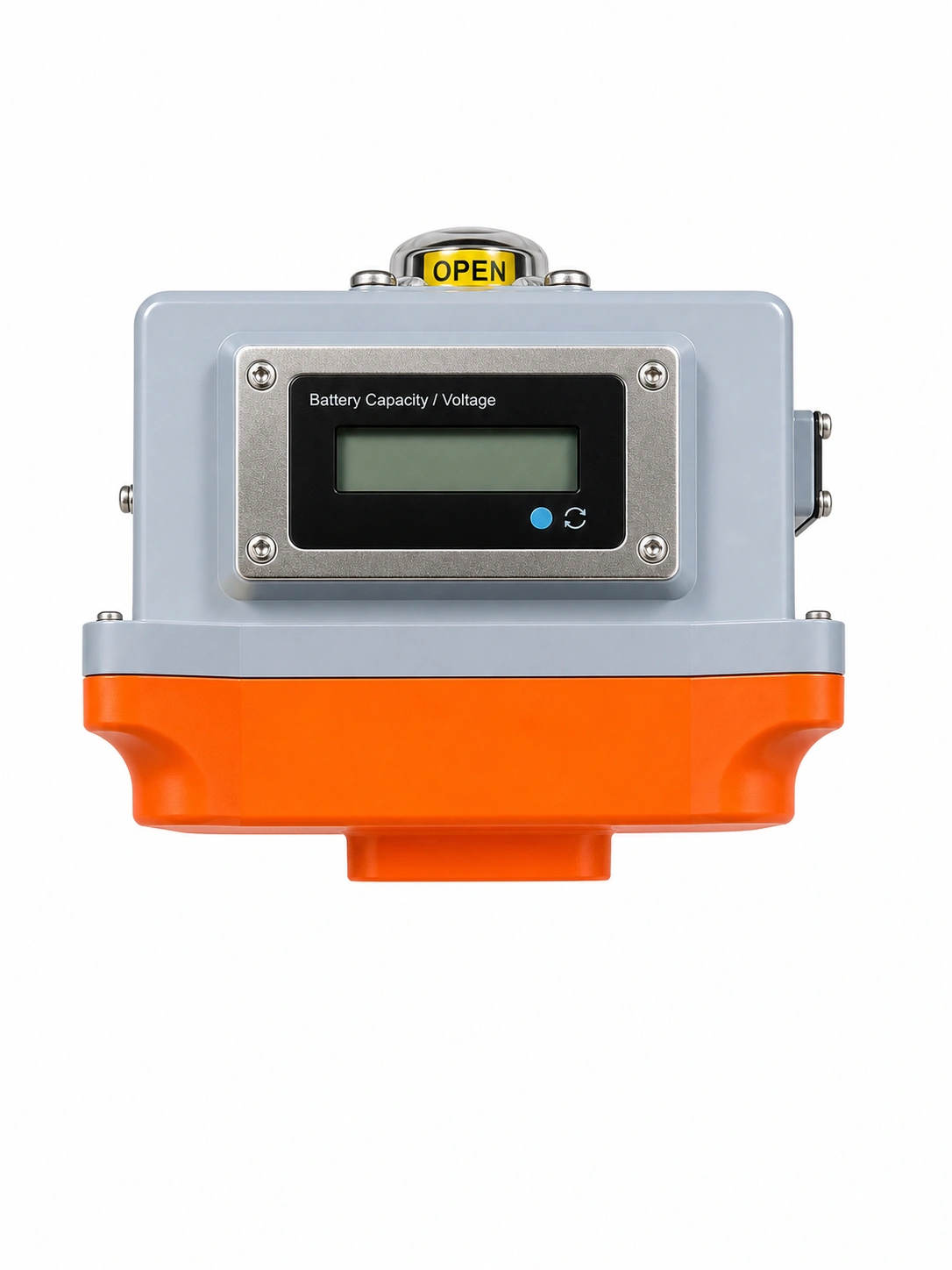 Actuator 特寫 — Battery Capacity / Voltage 顯示器、頂端黃色 OPEN 機械指示器、兩側航空接頭